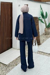 Dark Blue Shirt Collar Long Arm Denim Regular Trousers Comfortable Suit