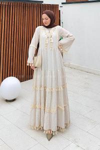 Lamelif Kat Detaylı Gofre Tesettür Elbise Bej