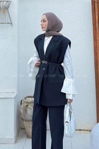 Lamelif Kemer Detaylı Sıfır Kol Blazer Ceket Lacivert