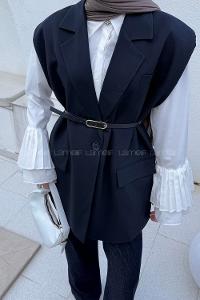 Lamelif Kemer Detaylı Sıfır Kol Blazer Ceket Lacivert