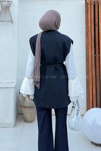 Lamelif Kemer Detaylı Sıfır Kol Blazer Ceket Lacivert