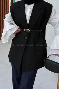 Lamelif Kemer Detaylı Sıfır Kol Blazer Ceket Siyah