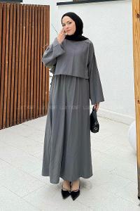 Lamelif Etekli Tesettür Takım Gri