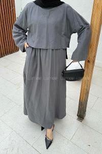 Lamelif Etekli Tesettür Takım Gri