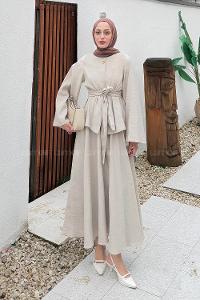 Beige Medium Crew Neck Long Arm Cotton Skirt Suit