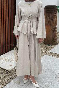 Beige Medium Crew Neck Long Arm Cotton Skirt Suit