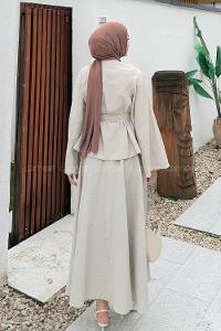 Beige Medium Crew Neck Long Arm Cotton Skirt Suit