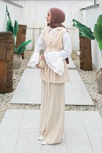 Lamelif İnce Kuşaklı Yelekli Takım Bej