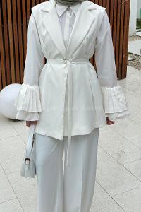 Lamelif İnce Kuşaklı Yelekli Takım Beyaz