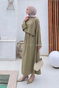Khaki Crew Neck Long Arm Linen Flare Suit
