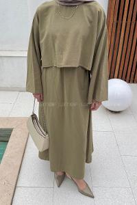 Khaki Crew Neck Long Arm Linen Flare Suit