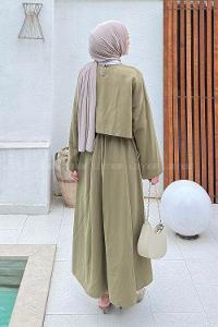 Khaki Crew Neck Long Arm Linen Flare Suit