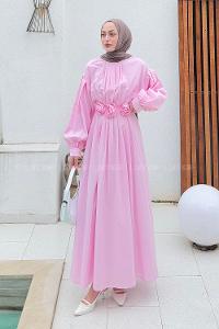 Lamelif Pileli Poplin Elbise Şeker Pembesi