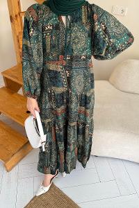 Lamelif Viskon Etnik Desenli Püskül Detaylı Elbise Koyu Yeşil