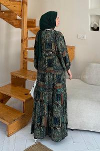 Lamelif Viskon Etnik Desenli Püskül Detaylı Elbise Koyu Yeşil