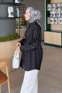 Lamelif İp Bağlamalı Crashlı Tesettür Gömlek Siyah