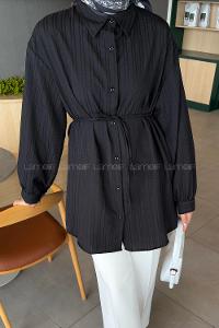 Lamelif İp Bağlamalı Crashlı Tesettür Gömlek Siyah