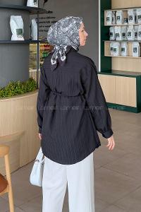 Lamelif İp Bağlamalı Crashlı Tesettür Gömlek Siyah