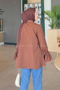 Lamelif Kol Tünel İp Detaylı Gömlek Acı Kahve