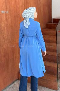 Lamelif Bağlama Detaylı Uzun Tesettür Tunik İndigo