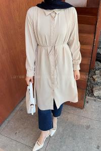 Lamelif Bağlama Detaylı Uzun Tesettür Tunik Taş Rengi