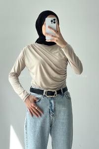 Lamelif Bisiklet Yaka Büzgü Detaylı Sandy Body  Bej