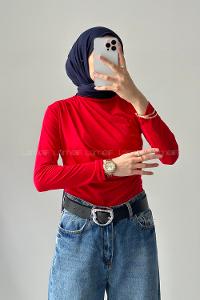 Lamelif Bisiklet Yaka Büzgü Detaylı Sandy Body Nar Çiçeği