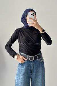 Lamelif Bisiklet Yaka Büzgü Detaylı Sandy Body Siyah