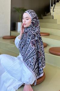 Lamelif Retro Desen Bambu Şal Vizon Siyah