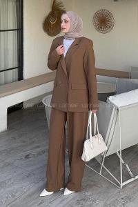 Lamelif Çift Düğmeli Ceket Tesettür Takım Kahve Rengi