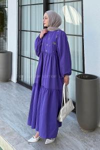 Purble Crew Neck Cotton Printed Dresess