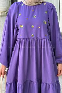 Purble Crew Neck Cotton Printed Dresess