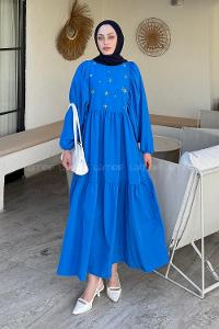 Lamelif Elica Tesettür Elbise Saks Mavisi
