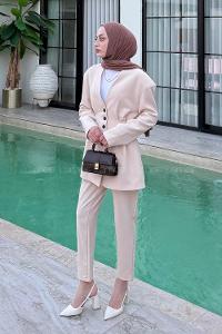 Lamelif Pensli Ceket-Pantolon İkili Takım Taş Rengi