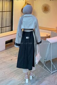 Lamelif Şerit Detay Kuşaklı Trenç Siyah