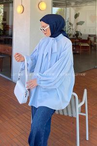 Lamelif Yaka Fular Detaylı Gömlek Bebe Mavisi