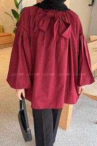 Lamelif Yaka Fular Detaylı Gömlek Bordo