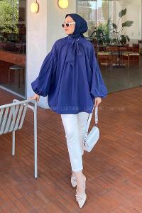 Lamelif Yaka Fular Detaylı Gömlek Lacivert