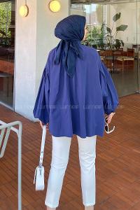 Lamelif Yaka Fular Detaylı Gömlek Lacivert