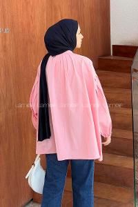 Lamelif Yaka Fular Detaylı Gömlek Şeker Pembesi