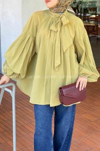 Lamelif Yaka Fular Detaylı Gömlek Yağ Yeşili