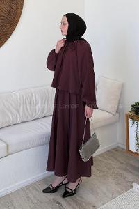 Lamelif Büzgü Detaylı Etekli Tesettür Takım Bordo