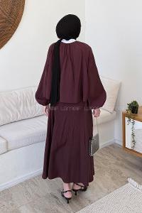 Lamelif Büzgü Detaylı Etekli Tesettür Takım Bordo