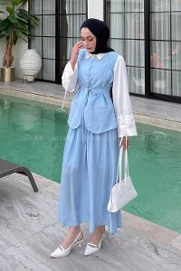 Lamelif Kup Detaylı Yelekli Takım Mavi