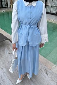 Lamelif Kup Detaylı Yelekli Takım Mavi