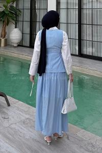 Lamelif Kup Detaylı Yelekli Takım Mavi