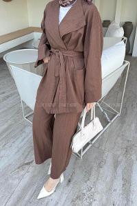 Lamelif Kimono Tesettür Takım Kahve