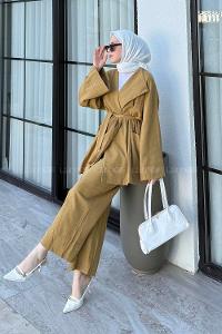 Oil Green Normal Neck Long Arm Linen Cotton Fabric Viscose Fabric Regular Trousers Linen Suit