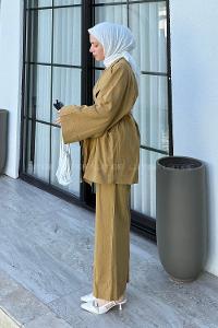 Oil Green Normal Neck Long Arm Linen Cotton Fabric Viscose Fabric Regular Trousers Linen Suit