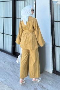 Oil Green Normal Neck Long Arm Linen Cotton Fabric Viscose Fabric Regular Trousers Linen Suit